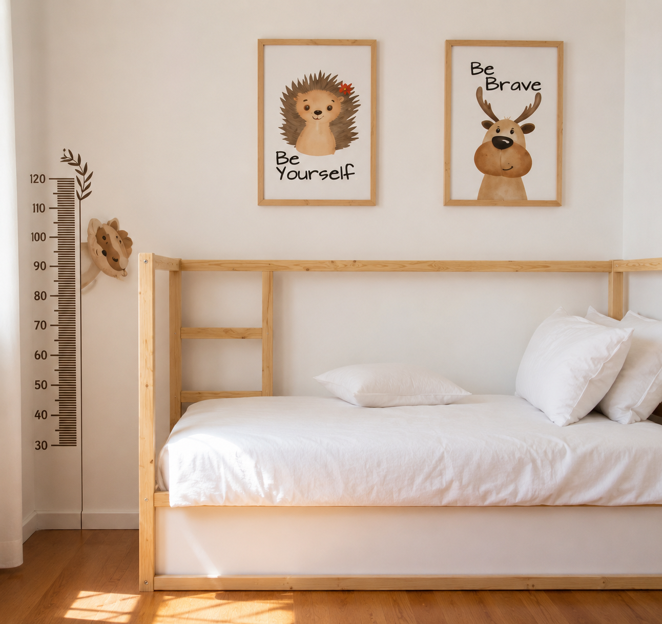 Habitación infantil con cama de madera y láminas decorativas