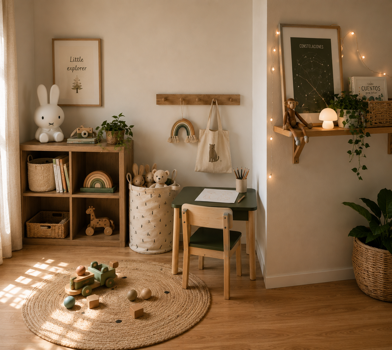 Rincón infantil con escritorio, silla de madera y láminas decorativas