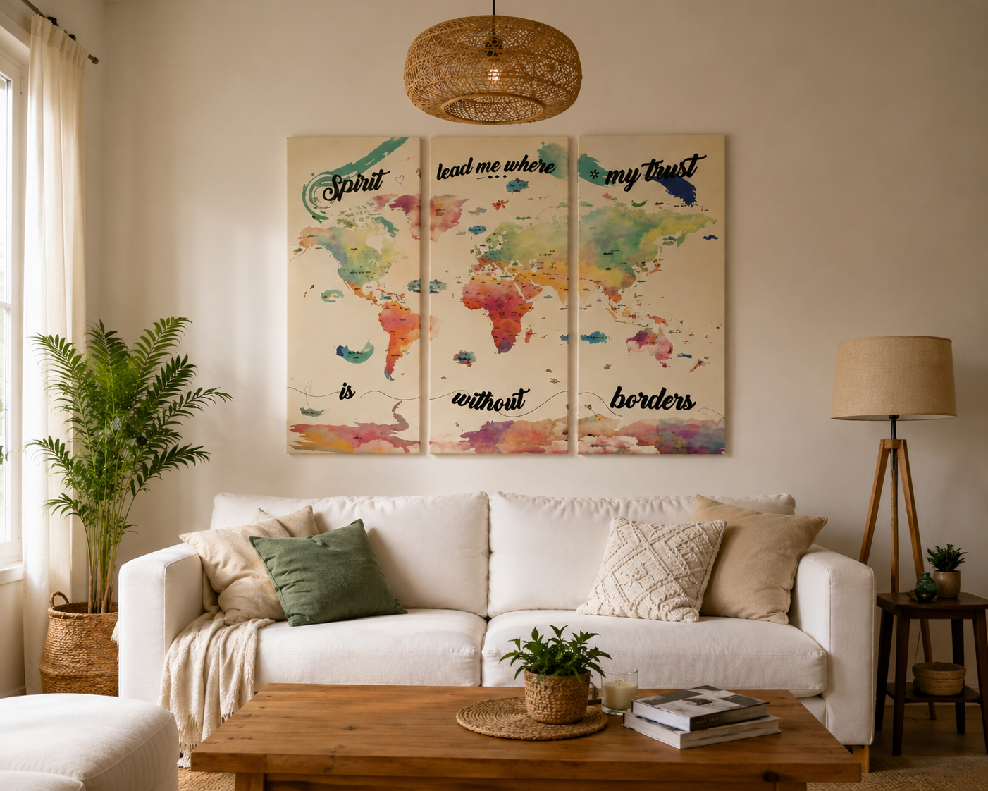 Salón cálido con sofá blanco y lámina de mapa del mundo en acuarela